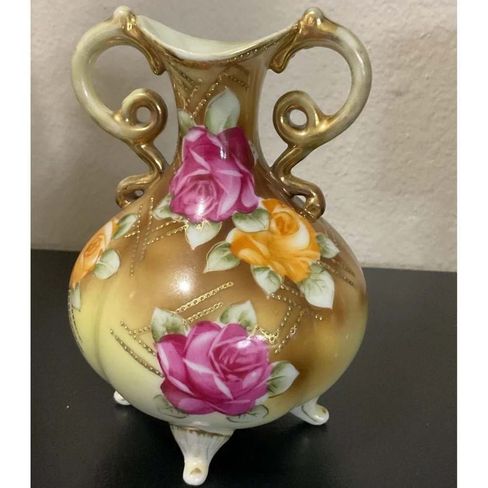 Antique Nippon Hand‎ Painted Bone China Beaded Gold Trim Two Handle Vase